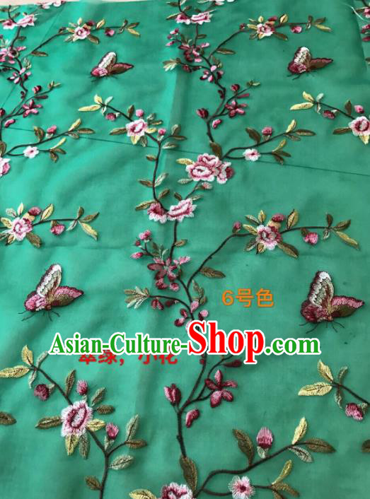 Asian Chinese Embroidered Peach Flowers Pattern Green Silk Fabric Material Traditional Cheongsam Brocade Fabric