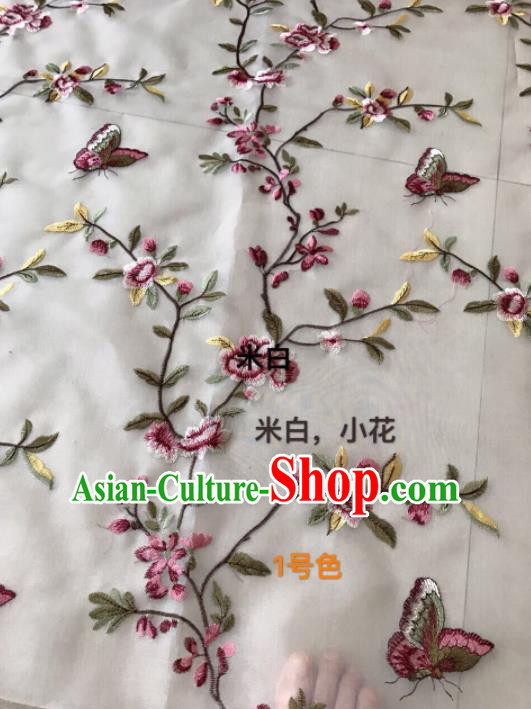 Asian Chinese Embroidered Peach Flowers Pattern White Silk Fabric Material Traditional Cheongsam Brocade Fabric