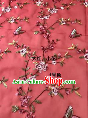 Asian Chinese Embroidered Peach Flowers Pattern Red Silk Fabric Material Traditional Cheongsam Brocade Fabric