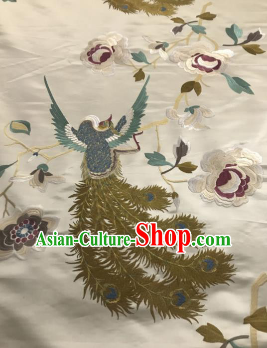 Asian Chinese Embroidered Phoenix Peony Pattern White Silk Fabric Material Traditional Cheongsam Brocade Fabric