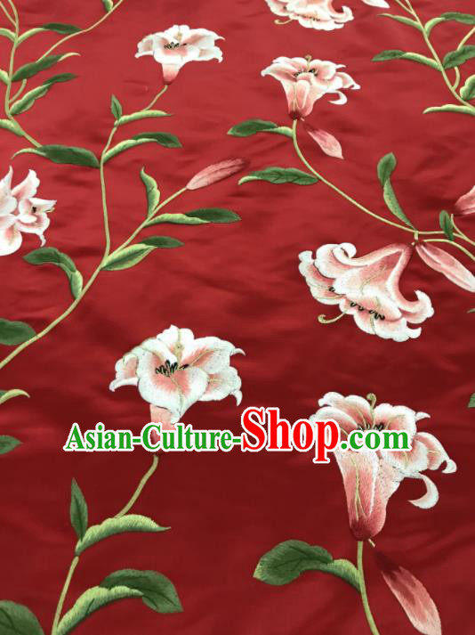 Asian Chinese Embroidered Lily Flowers Pattern Red Silk Fabric Material Traditional Cheongsam Brocade Fabric