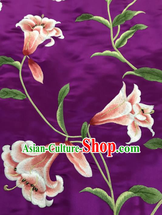 Asian Chinese Embroidered Lily Flowers Pattern Purple Silk Fabric Material Traditional Cheongsam Brocade Fabric