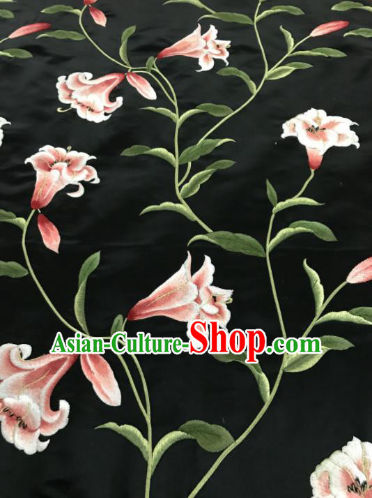 Asian Chinese Embroidered Lily Flowers Pattern Black Silk Fabric Material Traditional Cheongsam Brocade Fabric