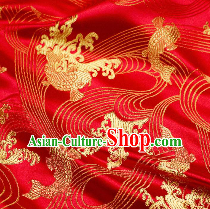 Asian Chinese Royal Carp Pattern Red Brocade Fabric Traditional Silk Fabric Tang Suit Material