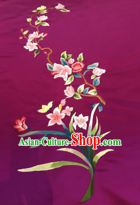 Asian Chinese Embroidered Orchid Pattern Purple Silk Fabric Material Traditional Cheongsam Brocade Fabric