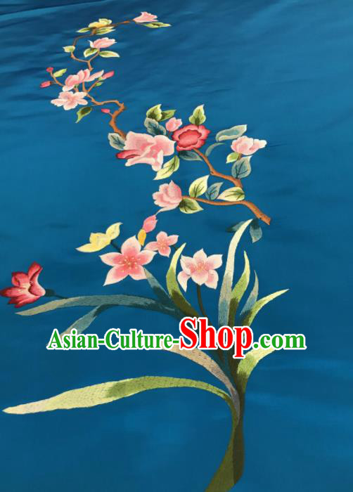 Asian Chinese Embroidered Orchid Pattern Blue Silk Fabric Material Traditional Cheongsam Brocade Fabric