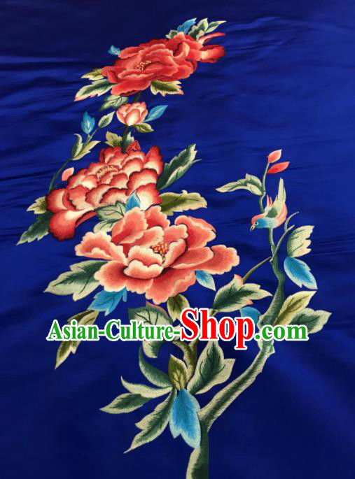 Asian Chinese Embroidered Peony Pattern Royalblue Silk Fabric Material Traditional Cheongsam Brocade Fabric