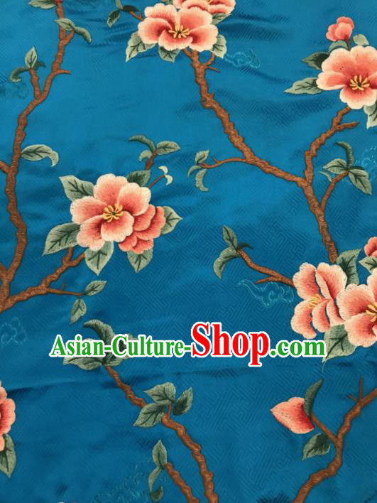 Asian Chinese Suzhou Embroidered Peach Blossom Pattern Blue Silk Fabric Material Traditional Cheongsam Brocade Fabric