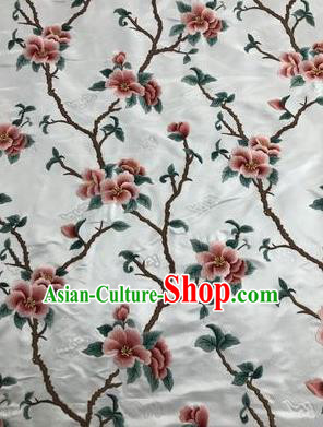 Asian Chinese Suzhou Embroidered Peach Blossom Pattern White Silk Fabric Material Traditional Cheongsam Brocade Fabric