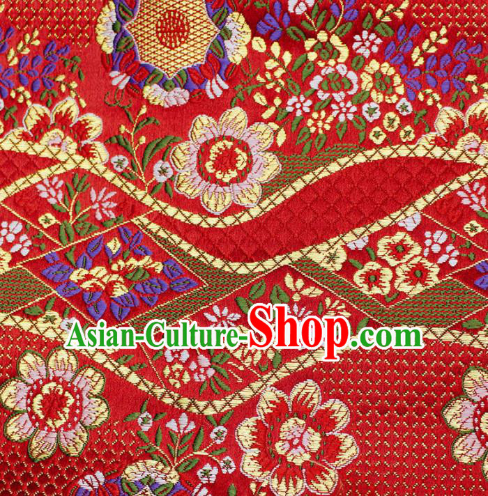 Asian Chinese Royal Flowers Pattern Red Brocade Fabric Traditional Silk Fabric Kimono Material