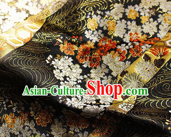 Asian Chinese Royal Cherry Blossom Pattern Black Brocade Fabric Traditional Silk Fabric Kimono Material