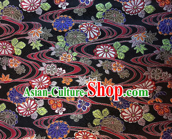 Asian Chinese Royal Round Flowers Pattern Black Brocade Fabric Traditional Silk Fabric Kimono Material