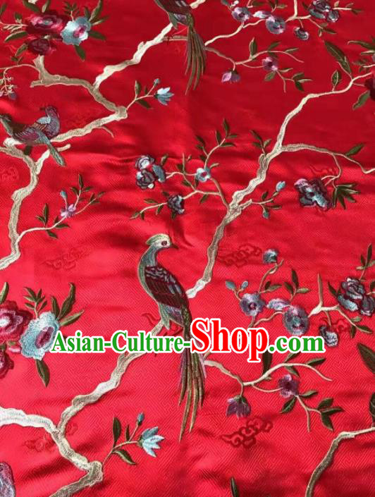 Asian Chinese Royal Embroidered Peony Birds Pattern Red Brocade Fabric Traditional Cheongsam Silk Fabric Material