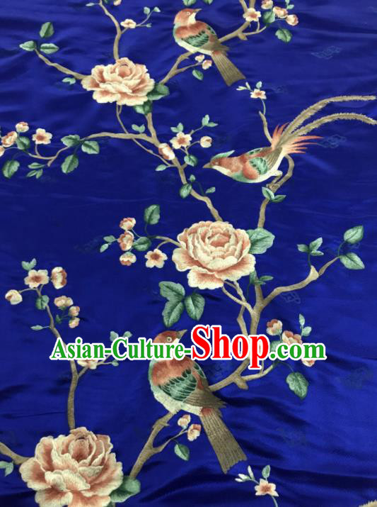 Asian Chinese Royal Embroidered Peony Birds Pattern Royalblue Brocade Fabric Traditional Cheongsam Silk Fabric Material