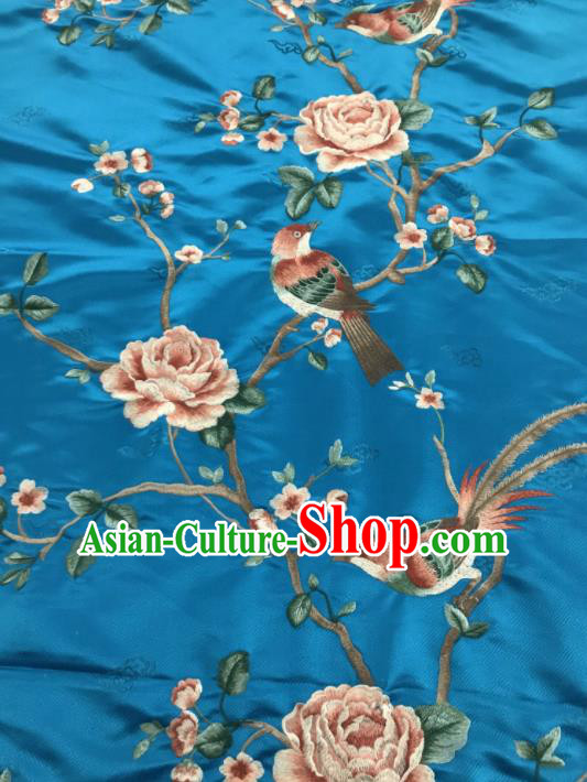 Asian Chinese Royal Embroidered Peony Birds Pattern Light Blue Brocade Fabric Traditional Cheongsam Silk Fabric Material