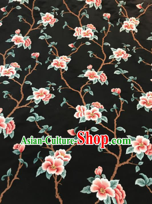 Asian Chinese Suzhou Embroidered Twine Peach Blossom Pattern Black Silk Fabric Material Traditional Cheongsam Brocade Fabric