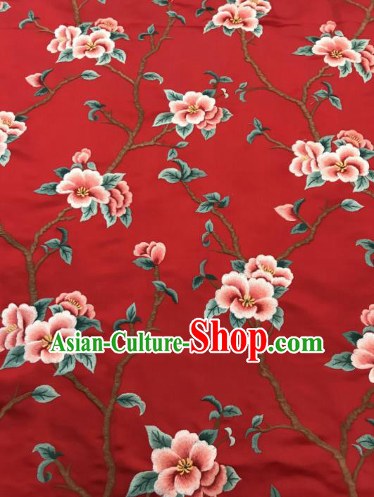 Asian Chinese Suzhou Embroidered Twine Peach Blossom Pattern Red Silk Fabric Material Traditional Cheongsam Brocade Fabric