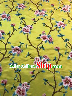 Asian Chinese Suzhou Embroidered Twine Peach Blossom Pattern Yellow Silk Fabric Material Traditional Cheongsam Brocade Fabric