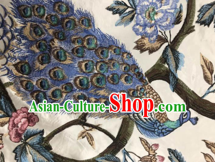 Asian Chinese Suzhou Embroidered Peacock Pattern White Silk Fabric Material Traditional Cheongsam Brocade Fabric