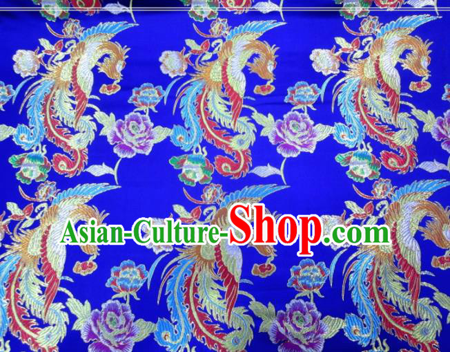 Asian Chinese Traditional Phoenix Peony Pattern Royalblue Nanjing Brocade Fabric Tang Suit Silk Material