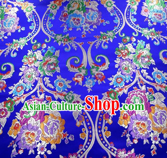 Asian Chinese Traditional Peony Pattern Royalblue Nanjing Brocade Fabric Tang Suit Silk Material