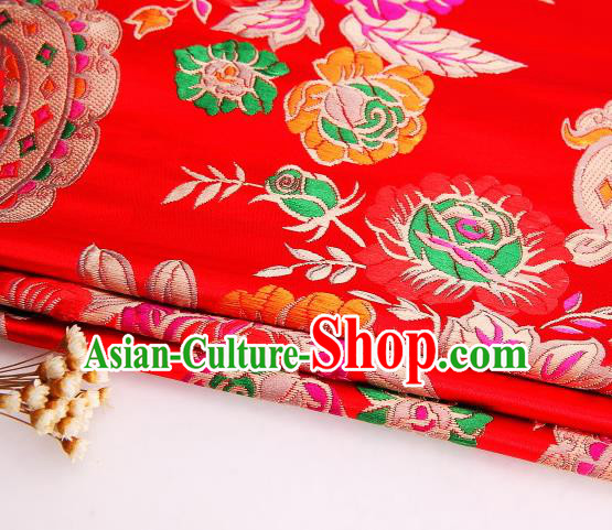 Asian Chinese Traditional Peony Flowers Pattern Red Satin Nanjing Brocade Fabric Tang Suit Silk Material