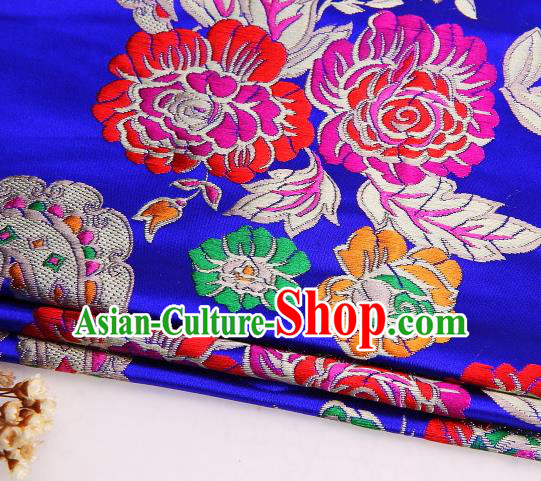 Asian Chinese Traditional Peony Flowers Pattern Royalblue Satin Nanjing Brocade Fabric Tang Suit Silk Material