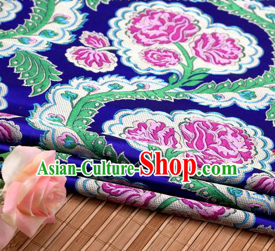 Asian Chinese Traditional Royalblue Satin Peony Pattern Nanjing Brocade Fabric Tang Suit Silk Material