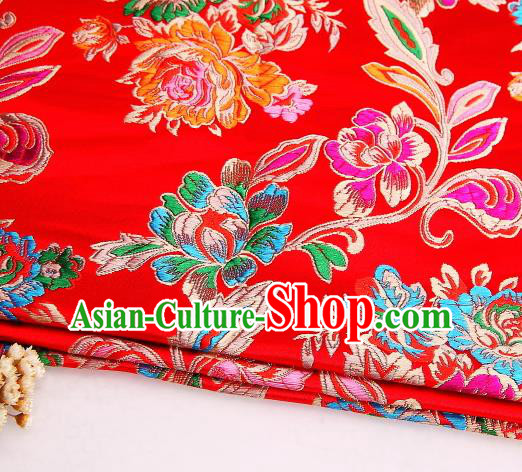 Asian Chinese Traditional Satin Royal Peony Pattern Red Nanjing Brocade Fabric Tang Suit Silk Material