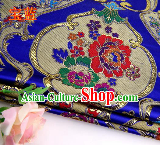 Asian Chinese Traditional Royal Peony Pattern Royalblue Satin Nanjing Brocade Fabric Tang Suit Silk Material