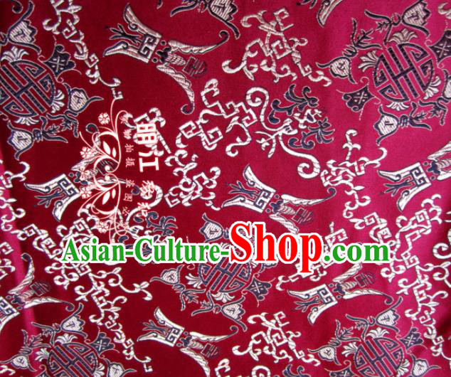 Asian Chinese Traditional Royal Longevity Pattern Wine Red Satin Nanjing Brocade Fabric Tang Suit Silk Material