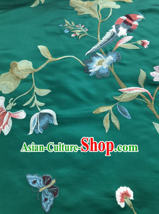 Asian Chinese Suzhou Embroidered Flowers Birds Pattern Green Silk Fabric Material Traditional Cheongsam Brocade Fabric