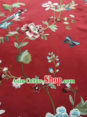 Asian Chinese Suzhou Embroidered Flowers Birds Pattern Red Silk Fabric Material Traditional Cheongsam Brocade Fabric