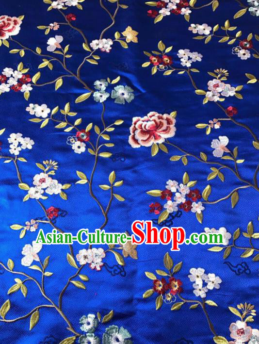 Asian Chinese Suzhou Embroidered Flowers Pattern Royalblue Silk Fabric Material Traditional Cheongsam Brocade Fabric