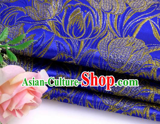 Asian Chinese Traditional Royal Tulip Pattern Royalblue Satin Nanjing Brocade Fabric Tang Suit Silk Material