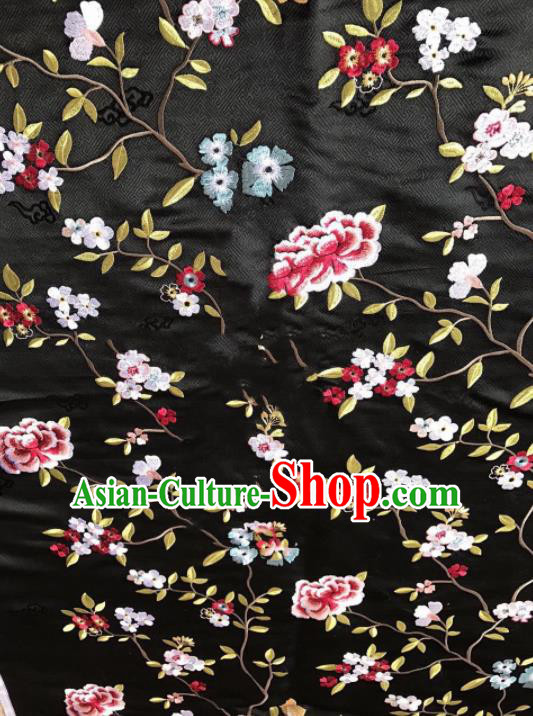 Asian Chinese Suzhou Embroidered Flowers Pattern Black Silk Fabric Material Traditional Cheongsam Brocade Fabric