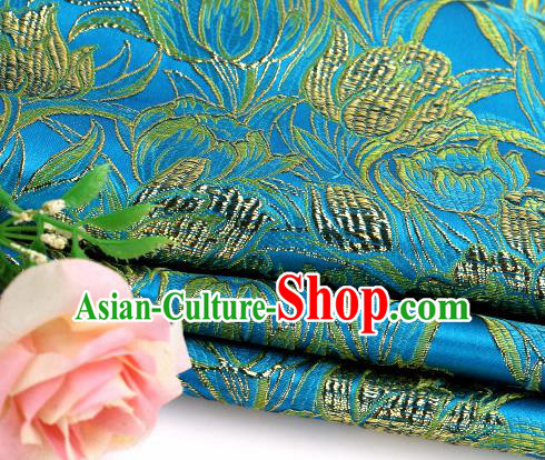 Asian Chinese Traditional Royal Tulip Pattern Blue Satin Nanjing Brocade Fabric Tang Suit Silk Material