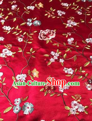 Asian Chinese Suzhou Embroidered Flowers Pattern Red Silk Fabric Material Traditional Cheongsam Brocade Fabric