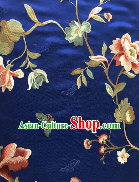 Asian Chinese Suzhou Embroidered Twine Peony Pattern Royalblue Silk Fabric Material Traditional Cheongsam Brocade Fabric