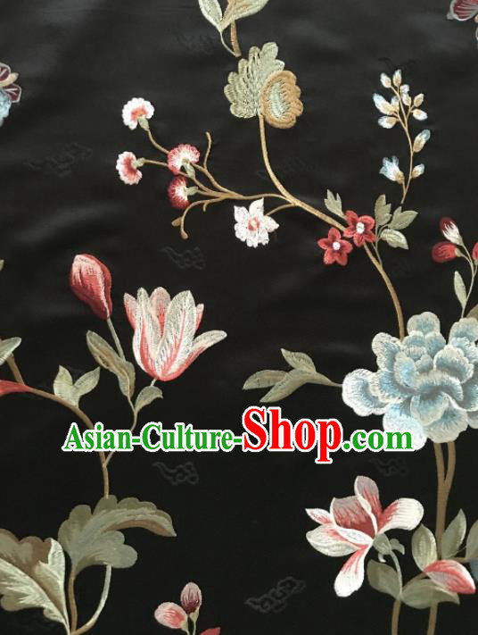 Asian Chinese Suzhou Embroidered Twine Peony Pattern Black Silk Fabric Material Traditional Cheongsam Brocade Fabric