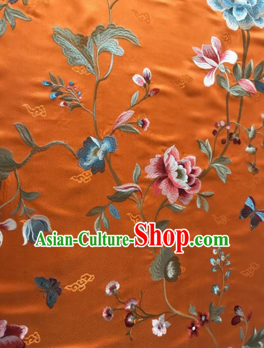 Asian Chinese Suzhou Embroidered Twine Peony Pattern Orange Silk Fabric Material Traditional Cheongsam Brocade Fabric