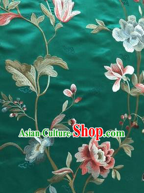 Asian Chinese Suzhou Embroidered Twine Peony Pattern Green Silk Fabric Material Traditional Cheongsam Brocade Fabric