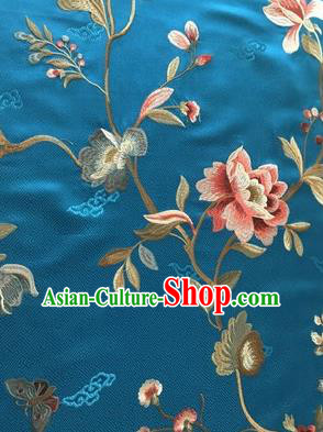 Asian Chinese Suzhou Embroidered Twine Peony Pattern Blue Silk Fabric Material Traditional Cheongsam Brocade Fabric