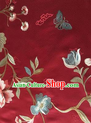 Asian Chinese Suzhou Embroidered Twine Peony Pattern Wine Red Silk Fabric Material Traditional Cheongsam Brocade Fabric