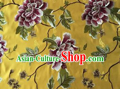 Asian Chinese Traditional Cheongsam Yellow Brocade Fabric Suzhou Embroidered Peony Pattern Silk Fabric Material