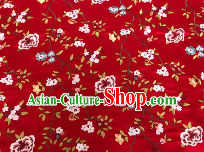 Asian Chinese Traditional Cheongsam Embroidered Flowers Pattern Red Brocade Fabric Suzhou Silk Fabric Material