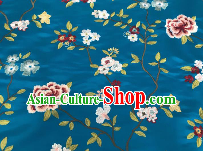 Asian Chinese Traditional Cheongsam Embroidered Flowers Pattern Blue Brocade Fabric Suzhou Silk Fabric Material