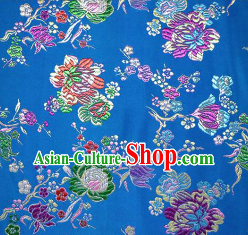 Asian Chinese Traditional Tang Suit Peony Pattern Blue Nanjing Brocade Fabric Silk Fabric Material