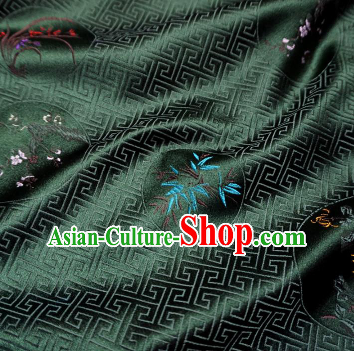 Asian Chinese Traditional Deep Green Brocade Fabric Plum Blossom Orchid Bamboo and Chrysanthemum Pattern Tang Suit Silk Material