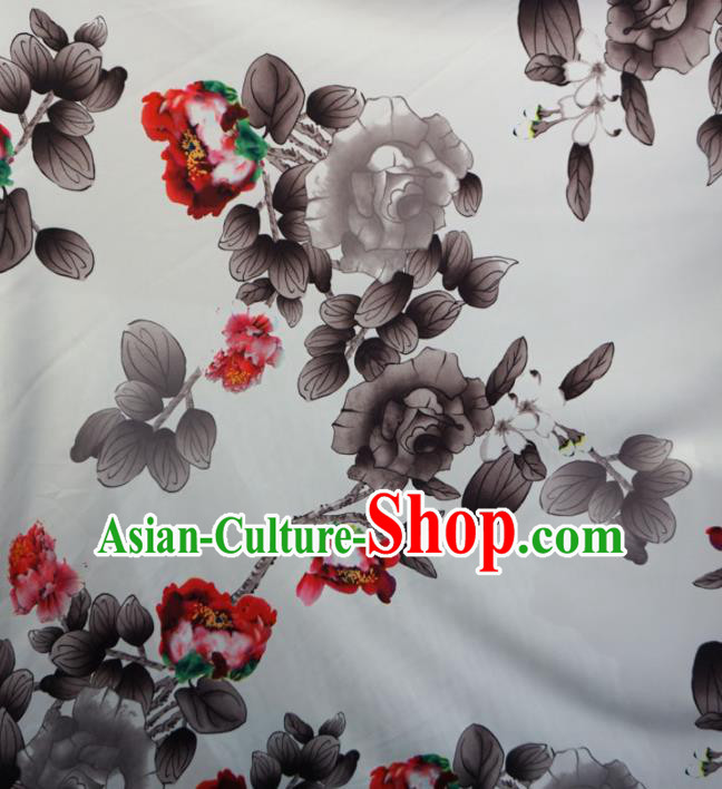 Asian Chinese Ink Painting Peony Design Pattern Brocade Traditional Cheongsam Satin Fabric Tang Suit Silk Material